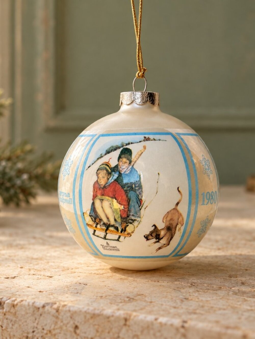 Vintage Norman Rockwell Downhill Daring Ornament 1980 w/ Box